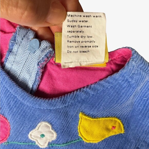 Frog Legs Toddler Corduroy Dress | Size 3T | Blue Sleeveless w/ Bird & Heart Ap - Picture 5 of 8